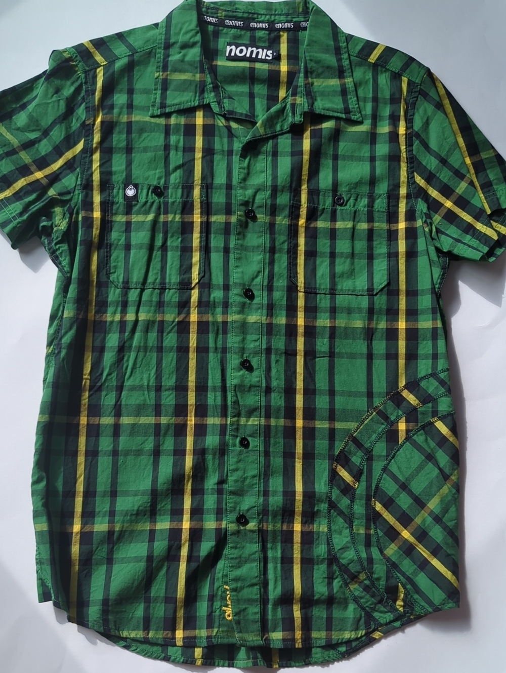 Nomis Skateboarding Green Plaid Short Sleeve Button Up Shirt